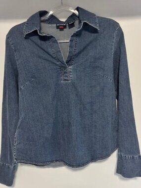 Vintage Y2K Old College Inn Stretch Denim Pullover Shirt Women Split V Neck L